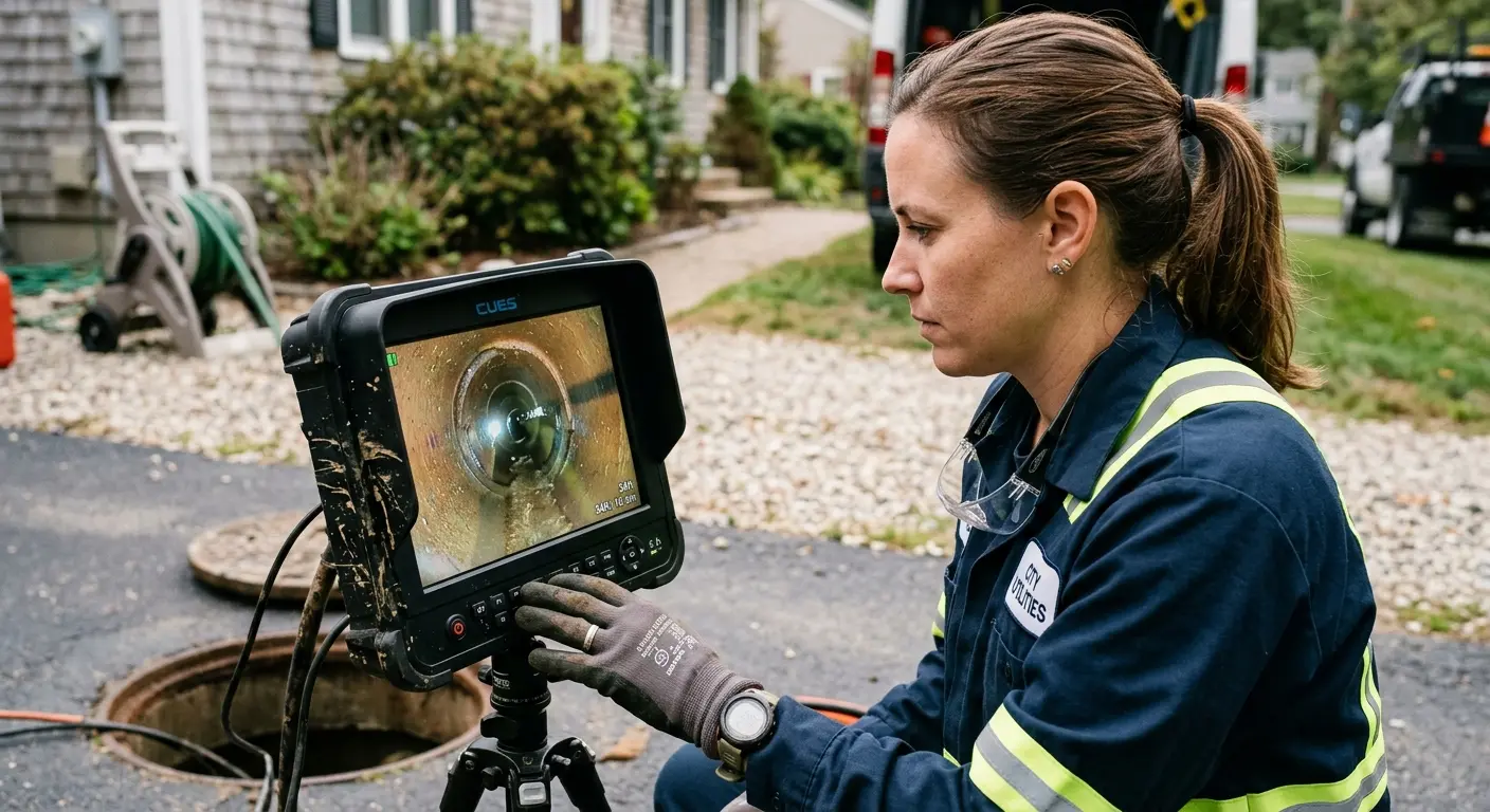 Technician reviewing sewer camera inspection footage in Nampa