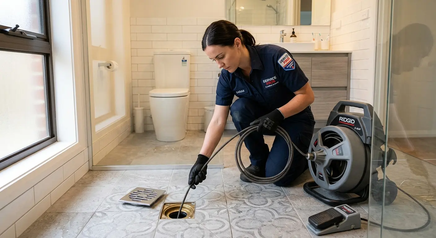 Technician clearing a bathroom floor drain for Hydro Jetting in Nampa